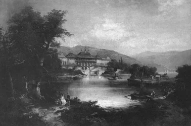Ansicht von Schloss Pillnitz mit Dampfschiff